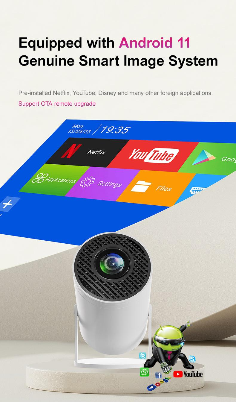 Projecteur portable WiFi 6 et Bluetooth, compatible 4K et 1080p, écran rotatif de 150 pouces, correction automatique du trapèze, idéal pour les films et les ordinateurs portables. Parfait pour la chambre, la télévision ou le home cinéma.