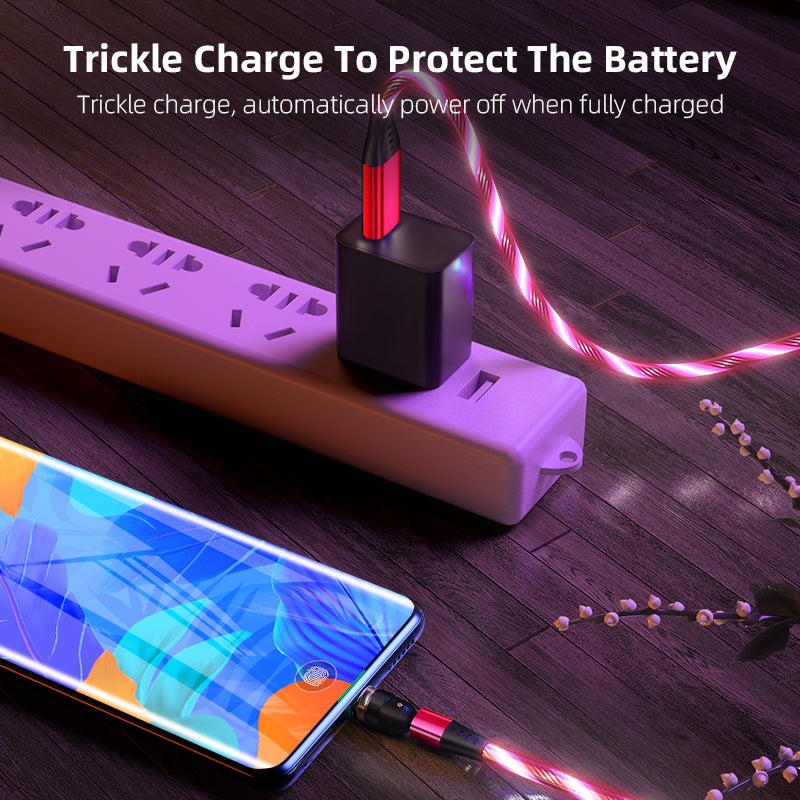 Câble magnétique lumineux rotatif à 540°, charge rapide 3A pour téléphone portable, compatible avec les câbles LED Micro USB Type C et iPhone.