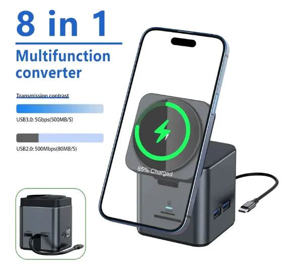 Station de charge multifonction 8-en-1 avec ports USB, support téléphone et charge rapide sans fil