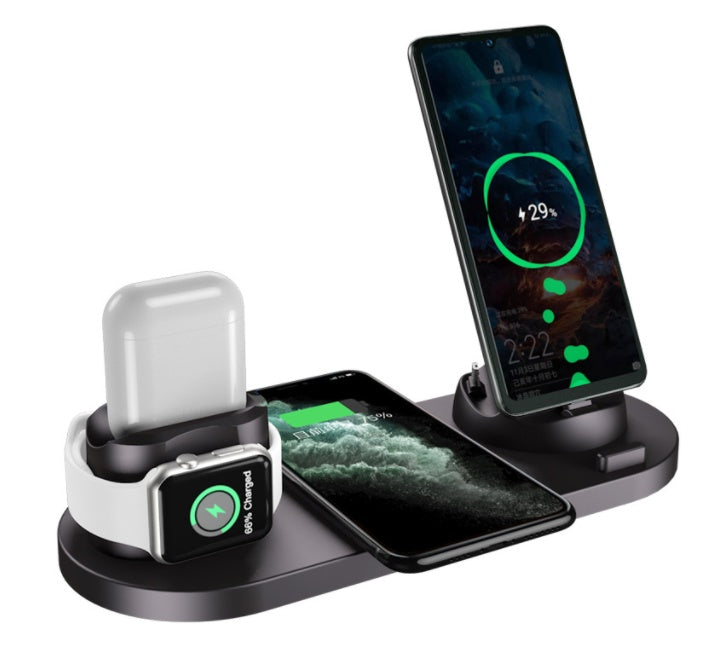 Station de charge rapide sans fil 6-en-1 pour iPhone, téléphone, montre connectée et AirPods