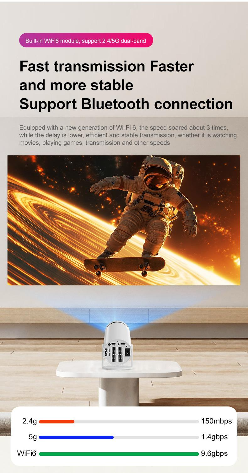 Projecteur portable WiFi 6 et Bluetooth, compatible 4K et 1080p, écran rotatif de 150 pouces, correction automatique du trapèze, idéal pour les films et les ordinateurs portables. Parfait pour la chambre, la télévision ou le home cinéma.