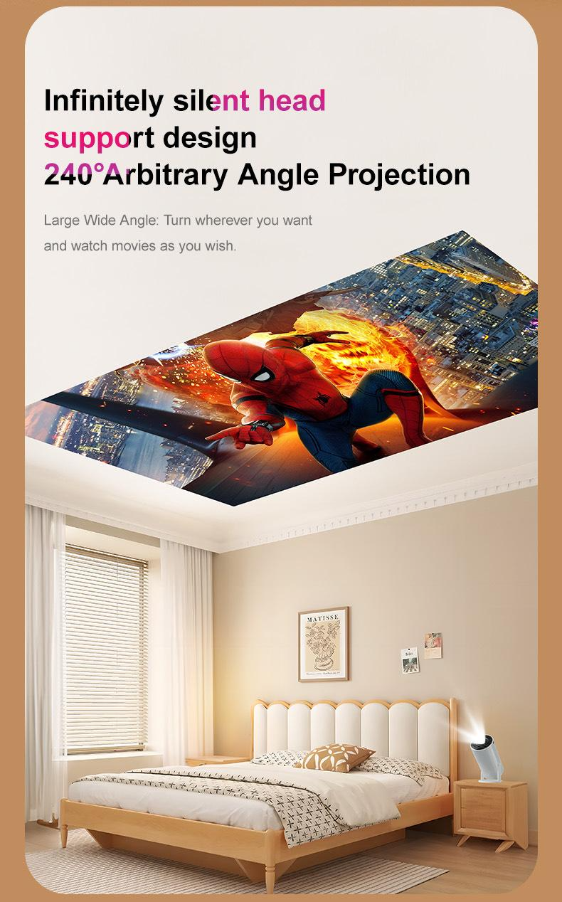 Projecteur portable WiFi 6 et Bluetooth, compatible 4K et 1080p, écran rotatif de 150 pouces, correction automatique du trapèze, idéal pour les films et les ordinateurs portables. Parfait pour la chambre, la télévision ou le home cinéma.