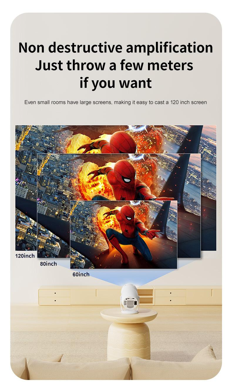 Projecteur portable WiFi 6 et Bluetooth, compatible 4K et 1080p, écran rotatif de 150 pouces, correction automatique du trapèze, idéal pour les films et les ordinateurs portables. Parfait pour la chambre, la télévision ou le home cinéma.