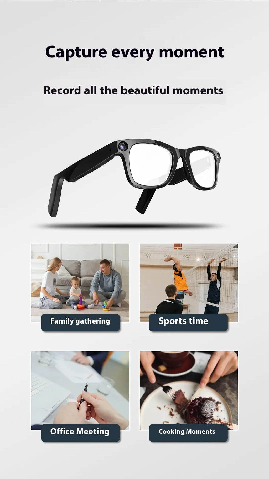 Lunettes intelligentes, caméra HD intégrée, capture photo/vidéo connectée Bluetooth